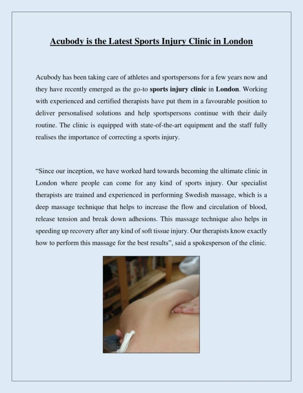 Acubody is the Latest Sports Injury Clinic in London