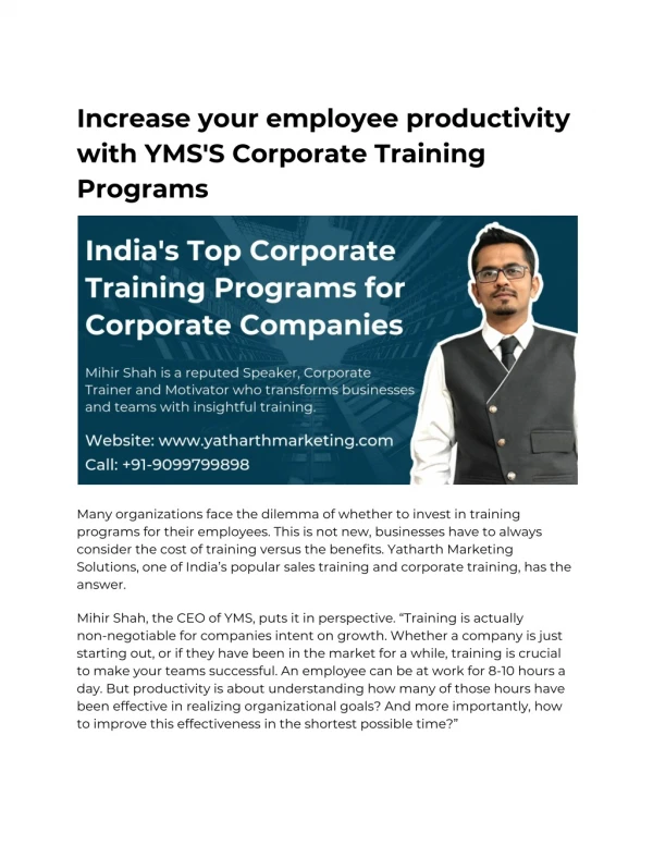 Increase your Employee Productivity with YMS`s Corporate Training Programs - Pune, Mumbai, Ahmedabad, India