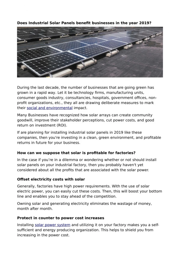 Does Industrial Solar Panels benefit businesses in the year 2019?