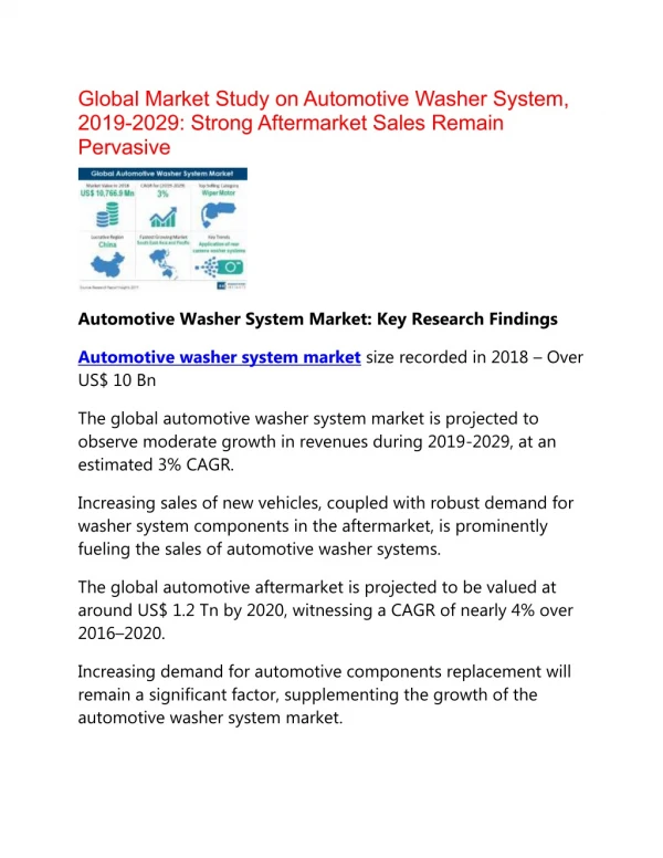 Automotive Washer System Market to Register a Stellar Growth Rate of CAGR of 3% During 2018 - 2029