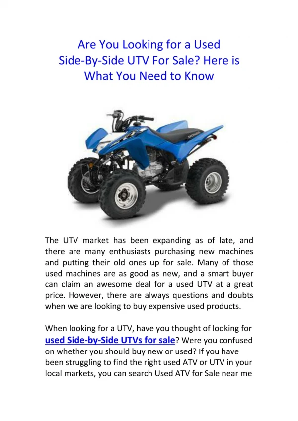 Are You Looking for a Used Side-By-Side UTV For Sale? Here is What You Need to Know