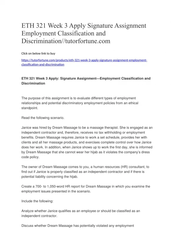 ETH 321 Week 3 Apply: Signature Assignment—Employment Classification and Discrimination