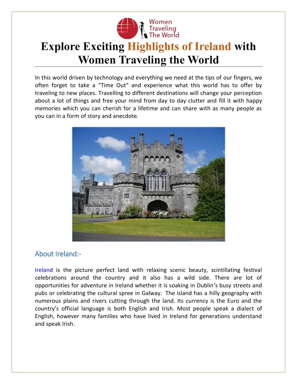 explore exciting highlights of ireland with women