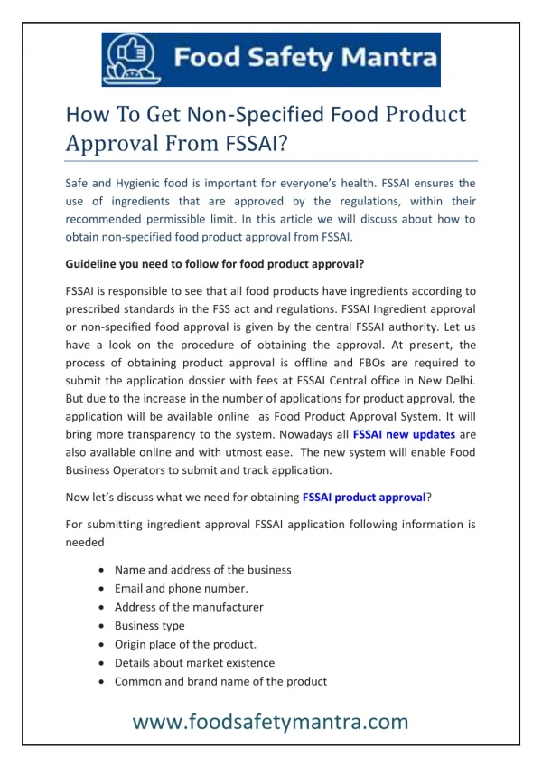 How To Get Non-Specified Food Product Approval From FSSAI?