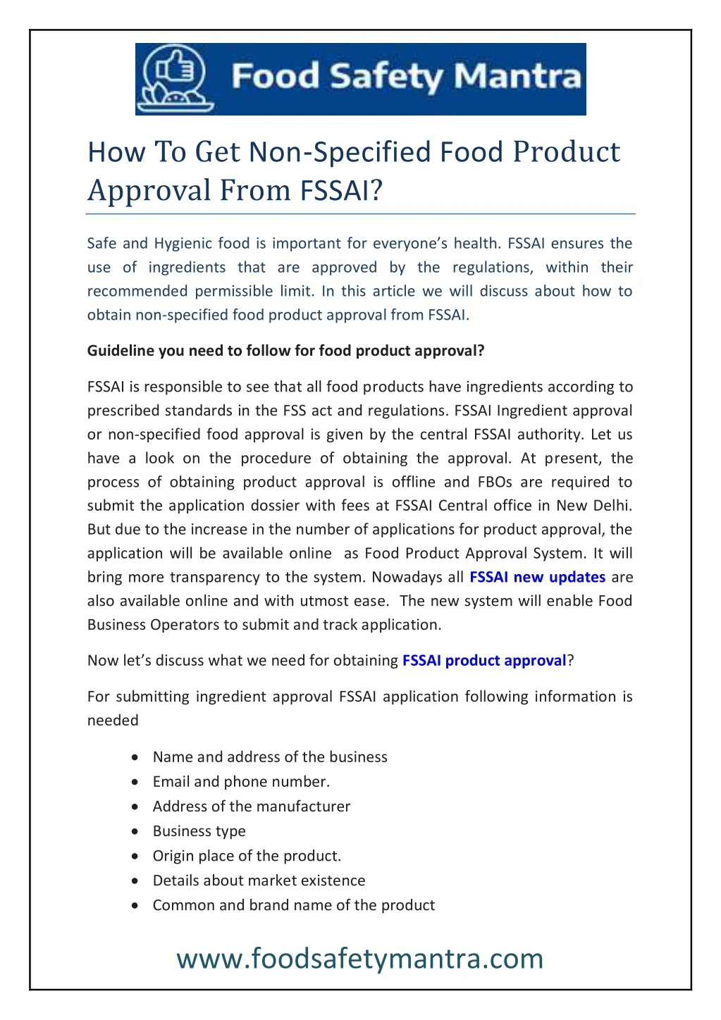 how to get non specified food product approval