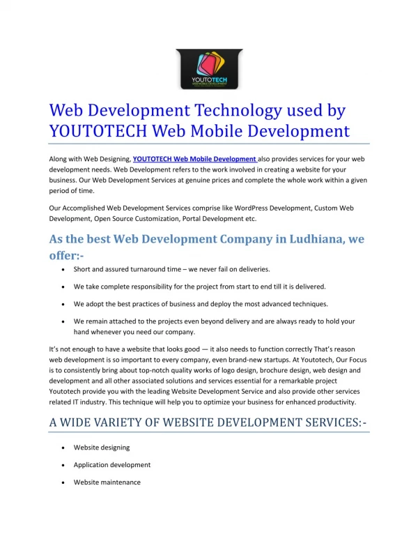 Web Development Technology used by YOUTOTECH Web Mobile Development