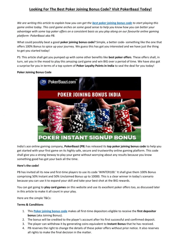 Looking For the Best Poker Joining Bonus Code? Visit PokerBaazi Today