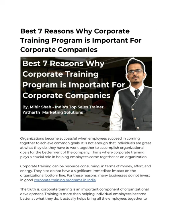 Best 7 Reasons Why Corporate Training Program is Important For Corporate Companies - YMS`s - Pune, Mumbai, Ahmedabad, In