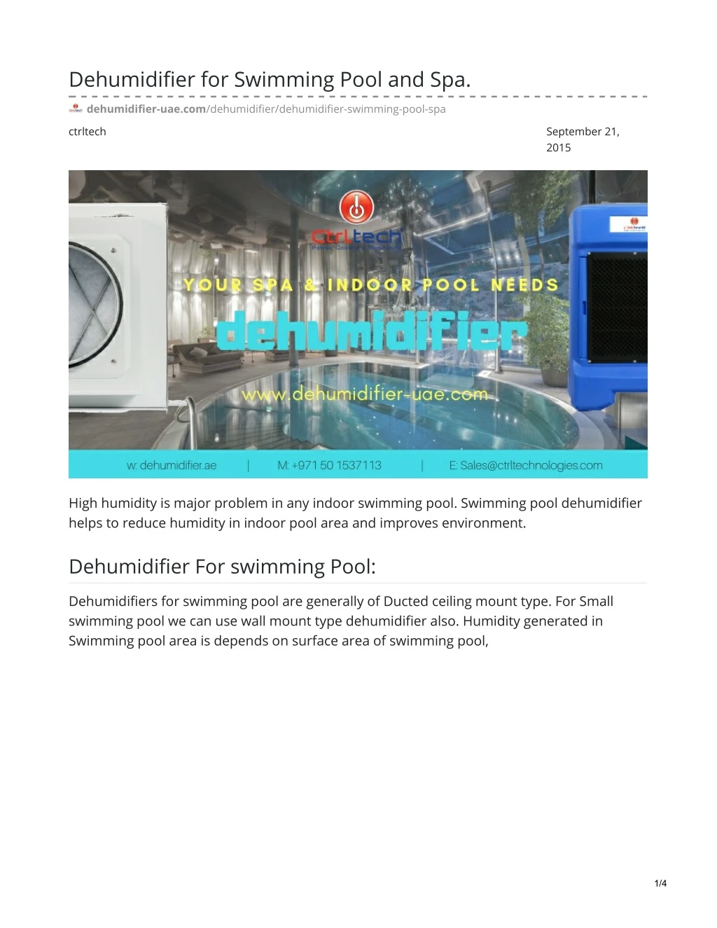 dehumidifier for swimming pool and spa