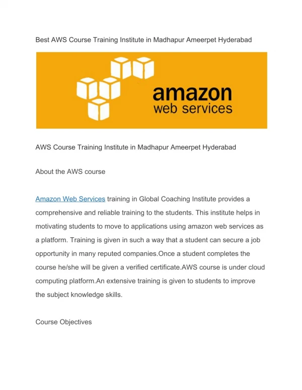 Best AWS Course Training Institute in Madhapur Ameerpet Hyderabad