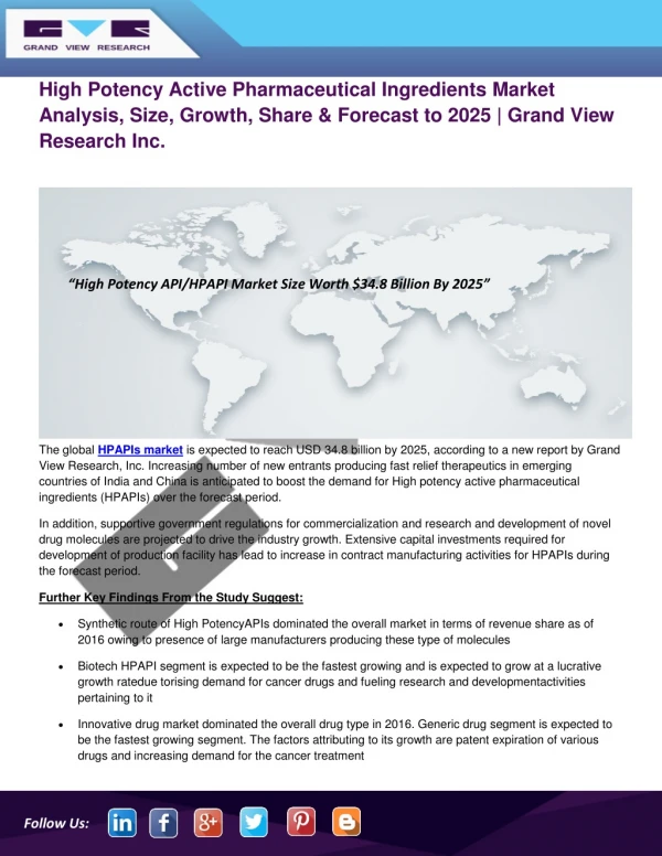 High Potency API/HPAPI Market to Reach $34.8 Billion by 2025 | Grand View Research