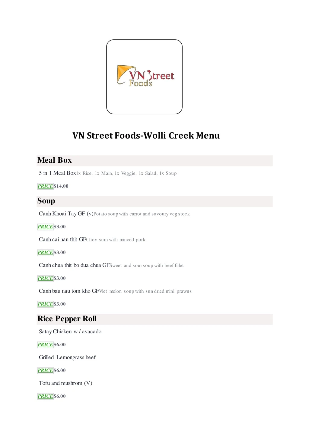 vn street foods wolli creek menu meal box