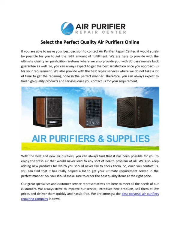 Select the Perfect Quality Air Purifiers Online