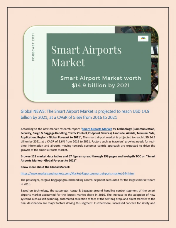 Smart Airports Market, By Airside, 2016 & 2021