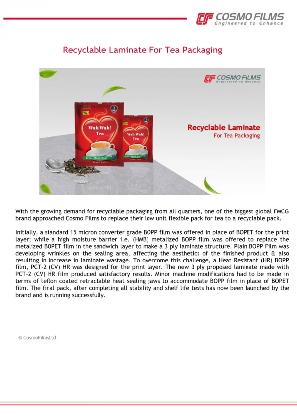 Recyclable Laminate For Tea Packaging