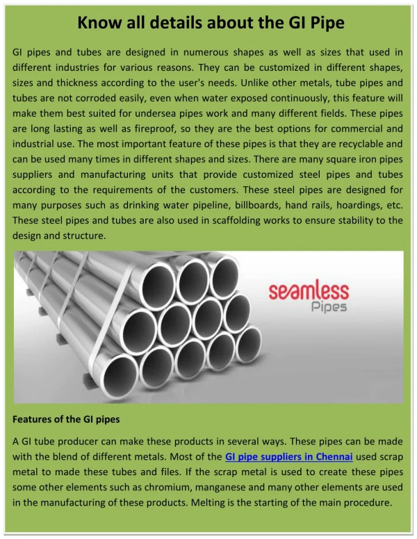 gi pipe suppliers in Chennai