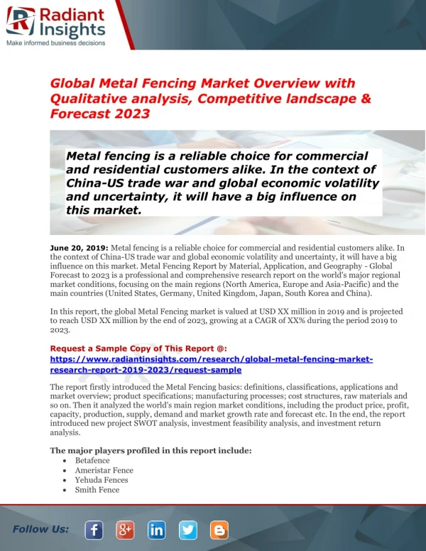 Global Metal Fencing Market Trends Estimates High Demand by 2023