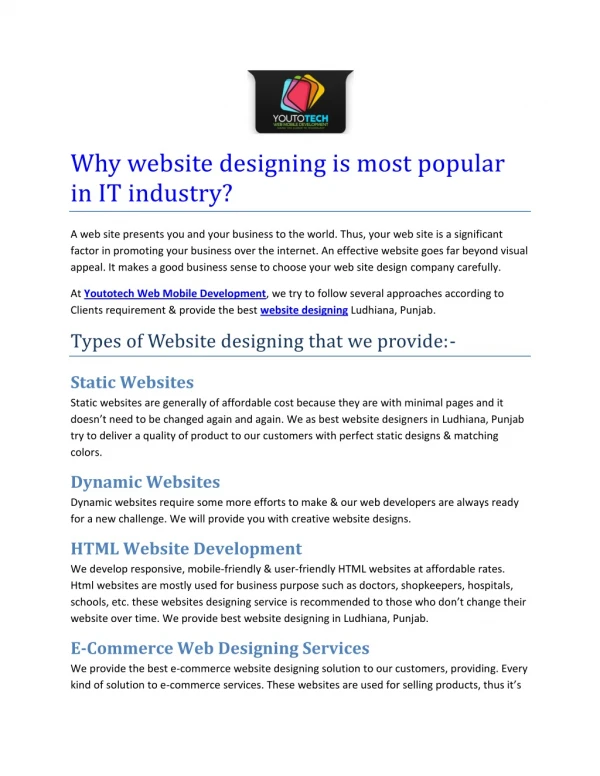Why website designing is most popular in IT industry? (YOUTOTECH Web Mobile Development)