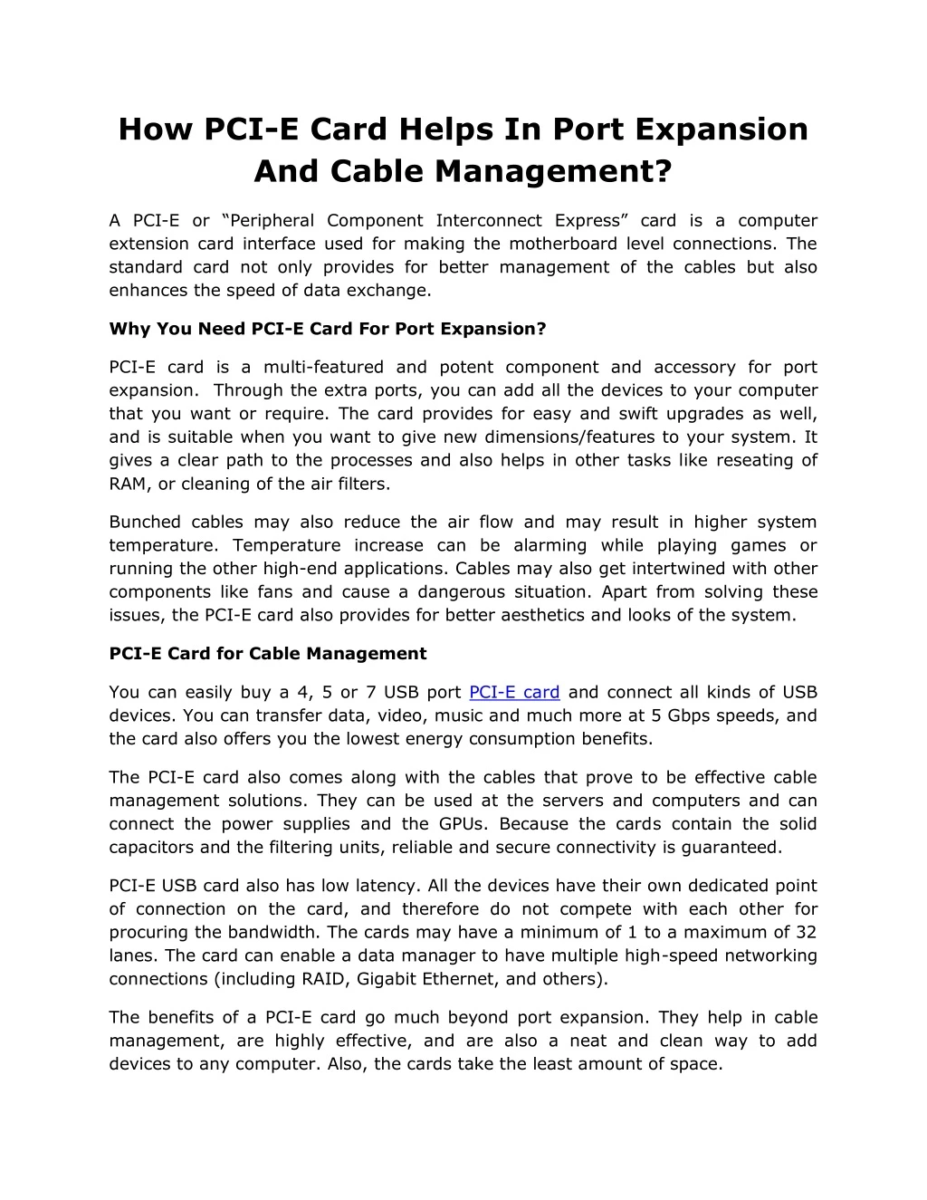 how pci e card helps in port expansion and cable