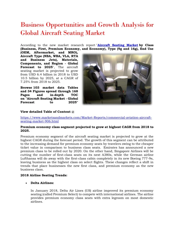 Business Opportunities and Growth Analysis for Global Aircraft Seating Market