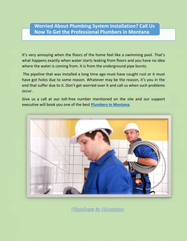 Worried About Plumbing System Installation? Call Us Now To Get the Professional Plumbers in Montana