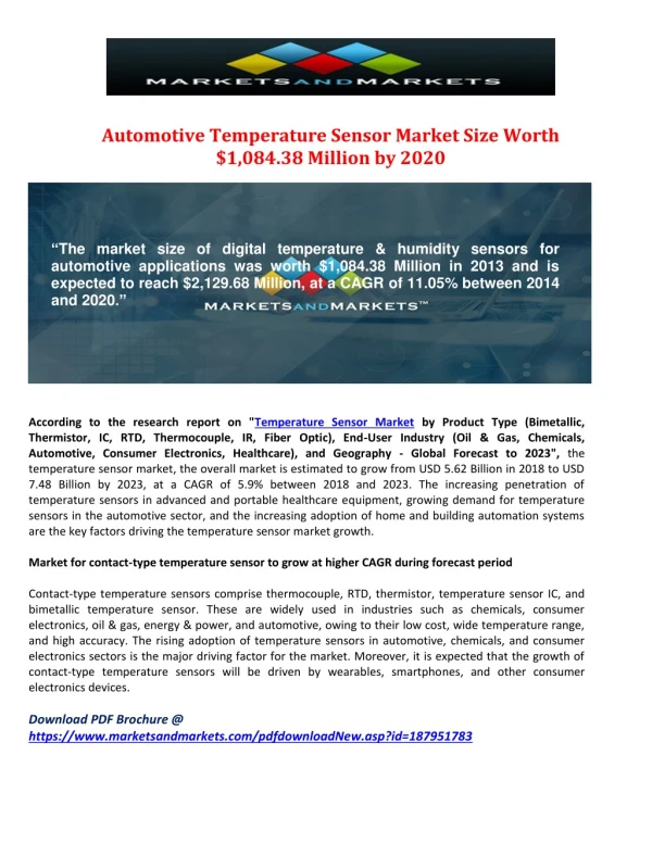 Automotive Temperature Sensor Market Size Worth $1,084.38 Million by 2020