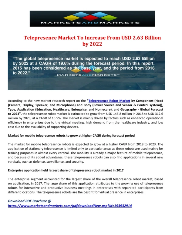 Telepresence Market To Increase From USD 2.63 Billion by 2022