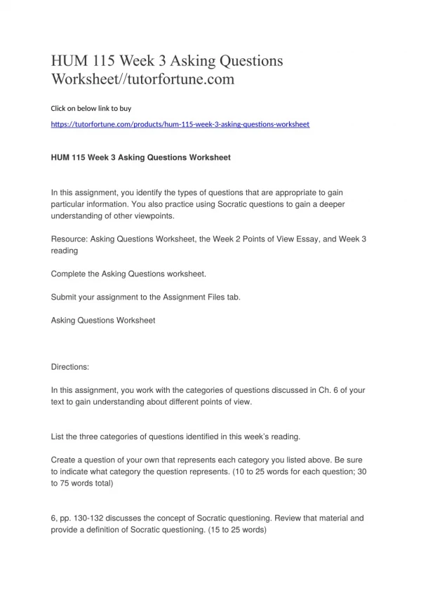 HUM 115 Week 3 Asking Questions Worksheet//tutorfortune.com