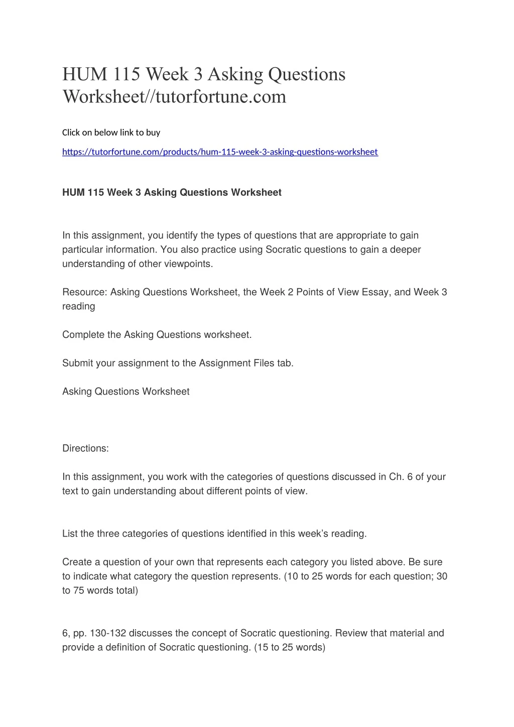 hum 115 week 3 asking questions worksheet