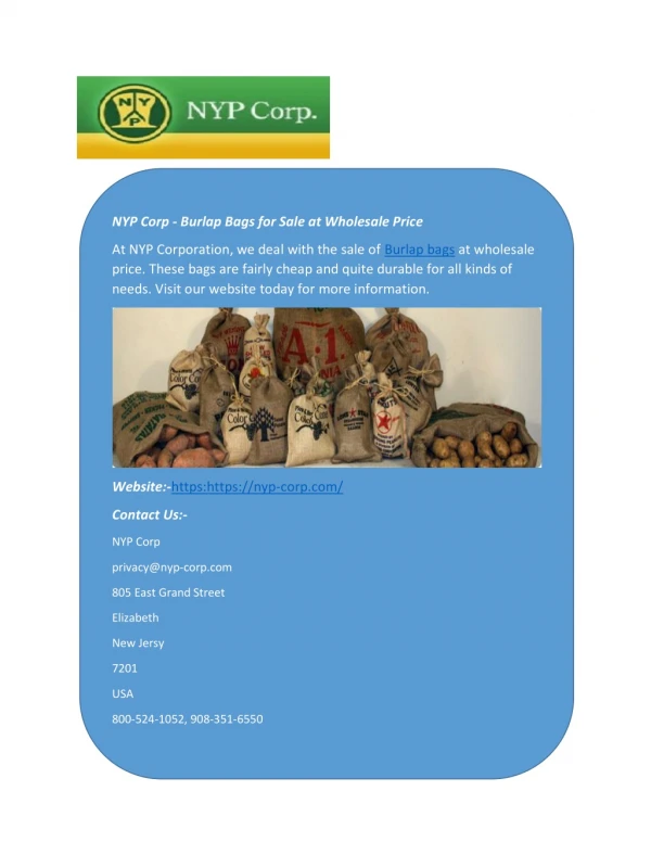 NYP Corp - Burlap Bags for Sale at Wholesale Price