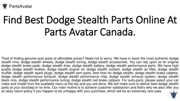 Shop Top Quality Dodge Stealth Parts Online At Parts Avatar Canada.