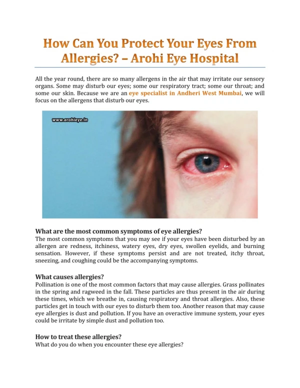 How Can You Protect Your Eyes From Allergies? - Arohi Eye Hospital