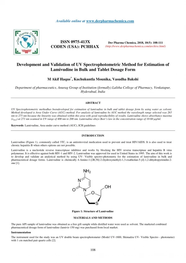 Development and Validation of UV Spectrophotometric Method for Estimation of Lamivudine in Bulk and Tablet Dosage Form