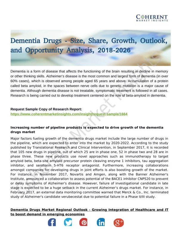 Dementia Drugs Market Foreseen to Grow Exponentially over 2026