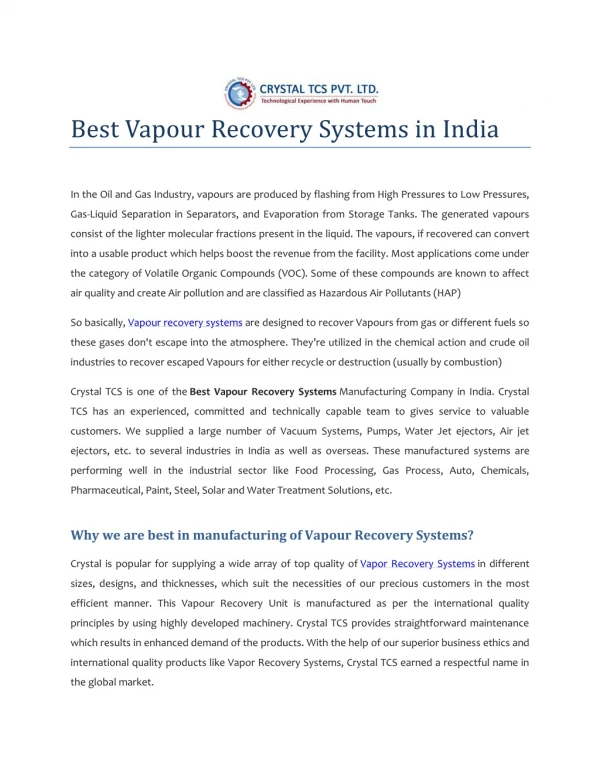 Best Vapour Recovery Systems in India