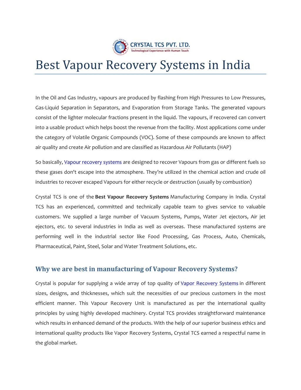 best vapour recovery systems in india