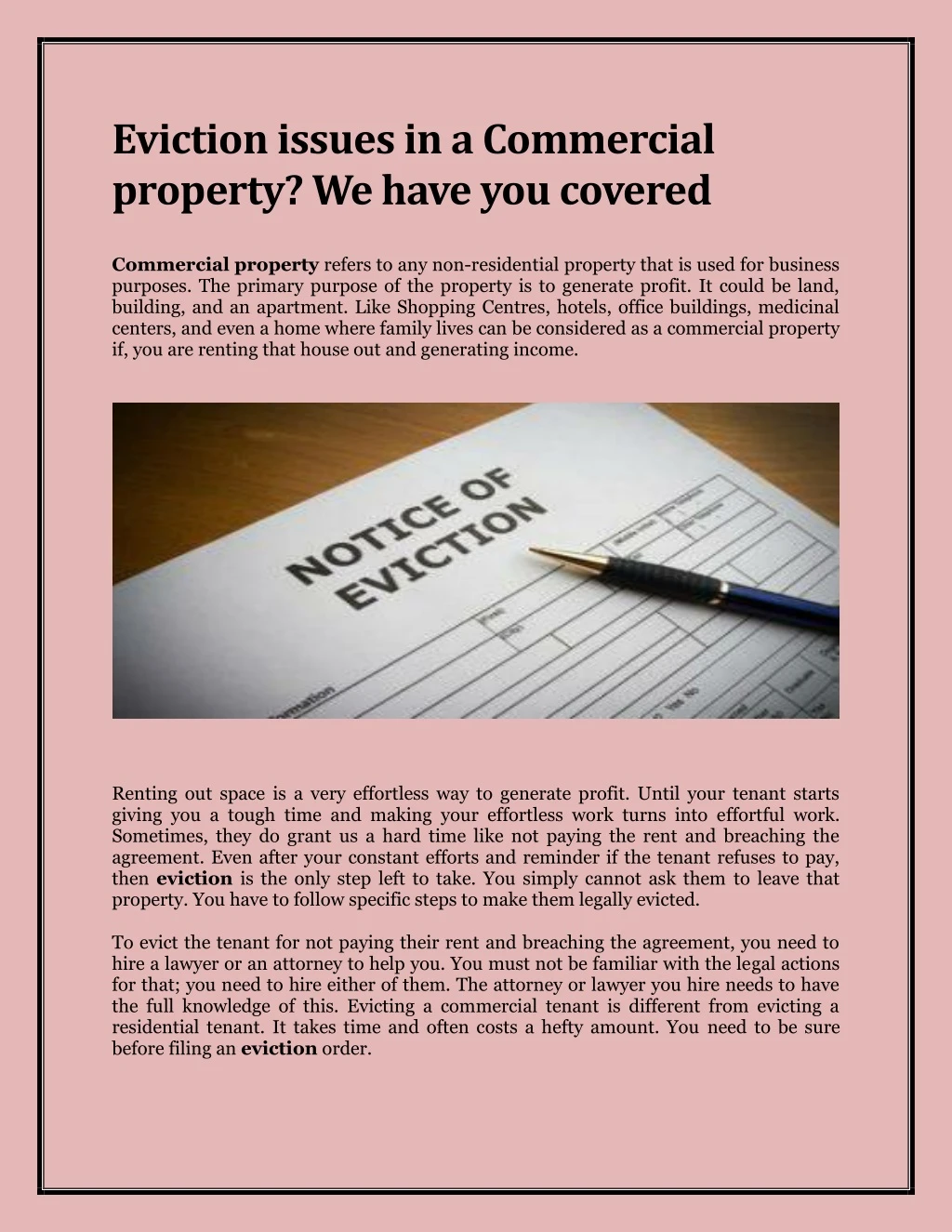 eviction issues in a commercial property we have