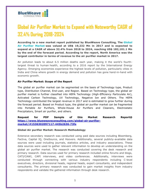 Global Air Purifier Market to Expand with Noteworthy CAGR of 32.4% During 2018-2024