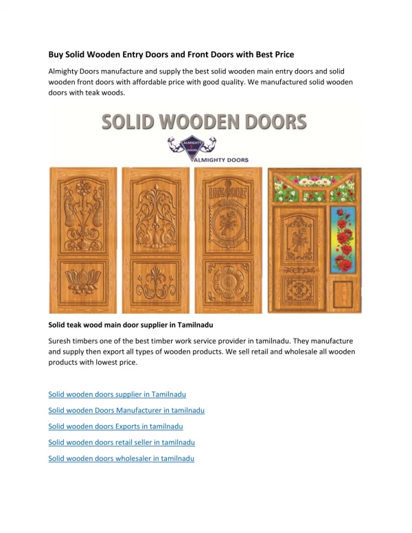 Buy Solid Wooden Entry Doors and Front Doors with Best Price