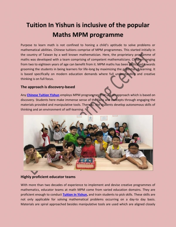Tuition In Yishun is inclusive of the popular Maths MPM programme