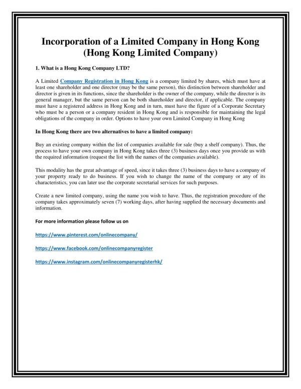 Incorporation of a Limited Company in Hong Kong (Hong Kong Limited Company)