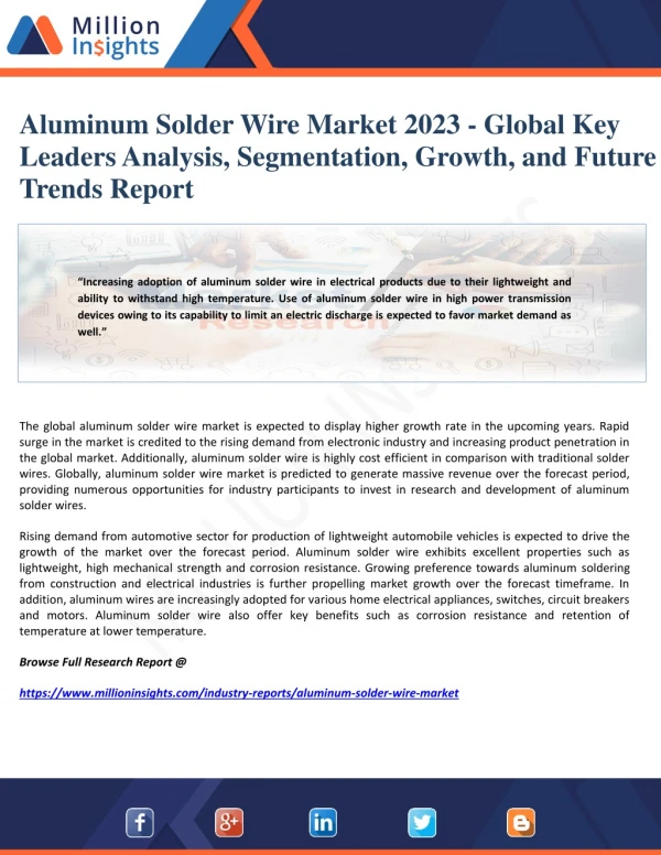 Aluminum Solder Wire Market 2023 - Global Key Leaders Analysis, Segmentation, Growth, and Future Trends Report