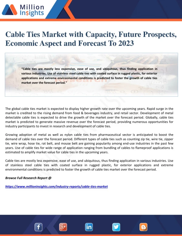 Cable Ties Market with Capacity, Future Prospects, Economic Aspect and Forecast To 2023