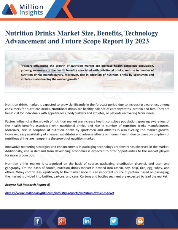 Nutrition Drinks Market Size, Benefits, Technology Advancement and Future Scope Report By 2023