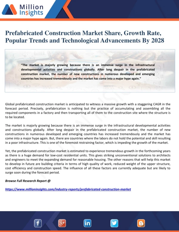 Prefabricated Construction Market Share, Growth Rate, Popular Trends and Technological Advancements By 2028