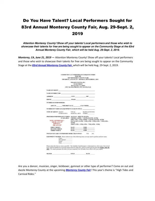 Do You Have Talent? Local Performers Sought for 83rd Annual Monterey County Fair