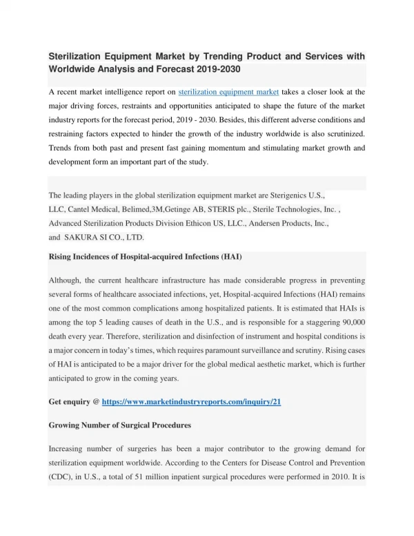 Sterilization Equipment Market Overview, Growth, Market Size and Forecast by 2030 with Top Key Players