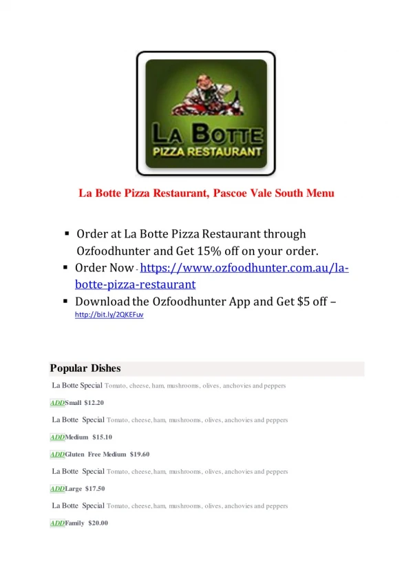 25% Off -La Botte Pizza Restaurant-Pascoe Vale South - Order Food Online