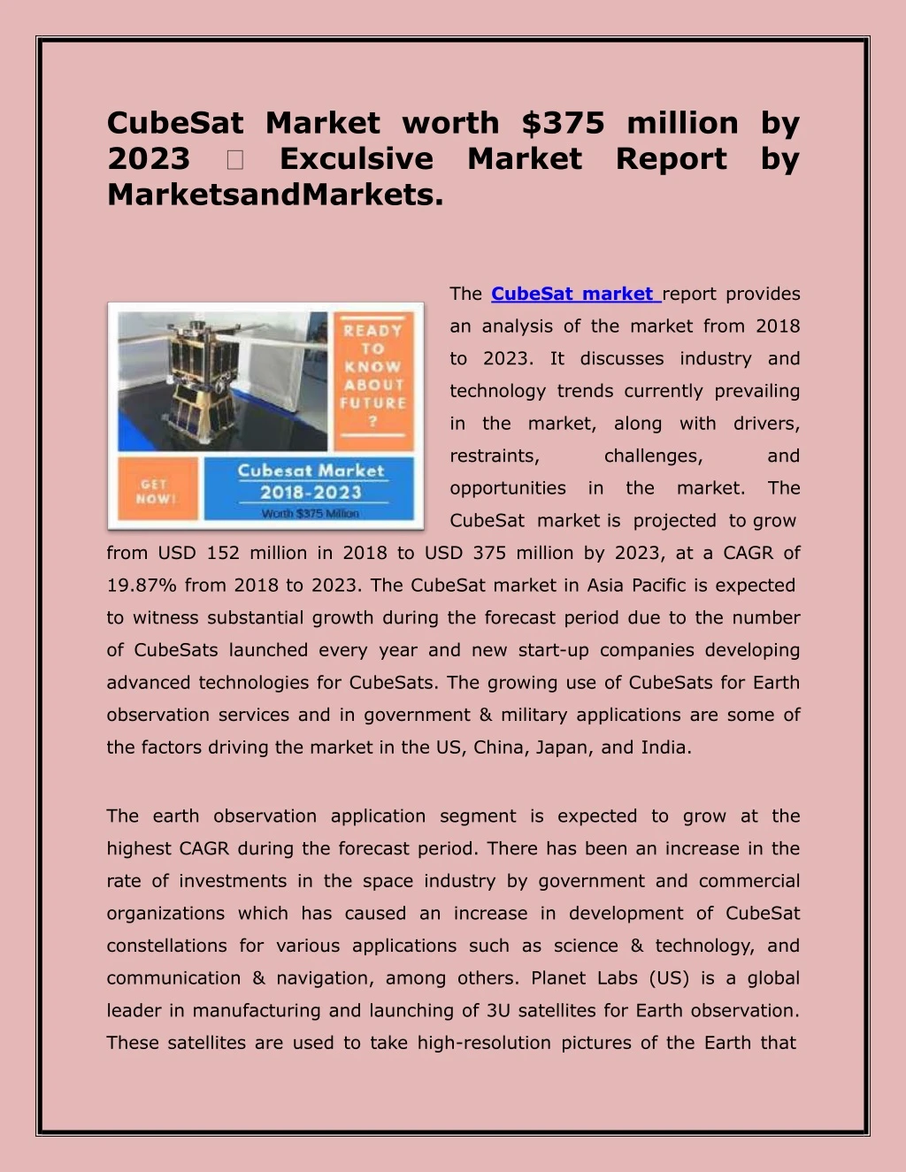 cubesat market worth 375 million by 2023