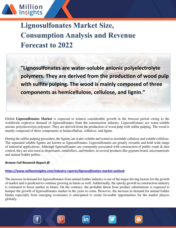 Lignosulfonates Market Size, Consumption Analysis and Revenue Forecast to 2022